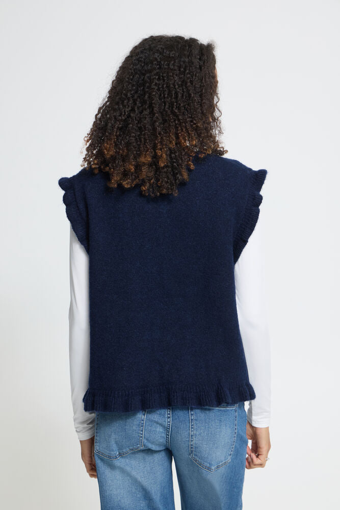 RUFFLE TRIM KNITTED VEST - Navy