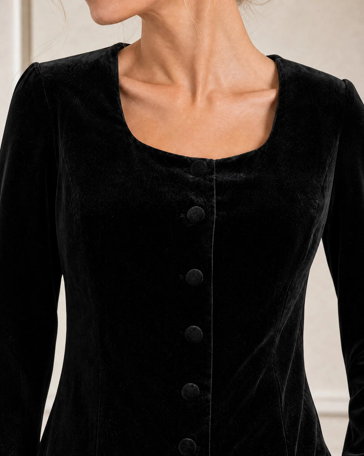 BUTTON THROUGH VELVET TOP - Black