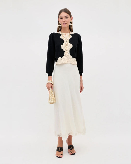 RIXO TASSIA CARDIGAN - Black with Cream Lace