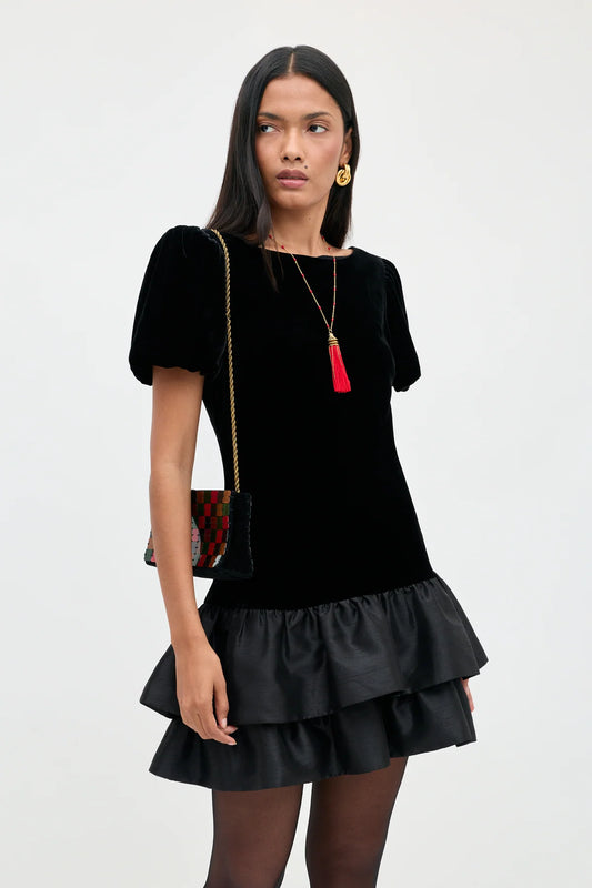 RIXO ANABELLA SILK VELVET MINI DRESS -Black