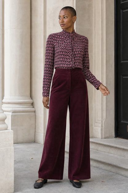 ASPIGA WIDE LEG STRETCH VELVET CORDUROY TROUSERS - Burgundy