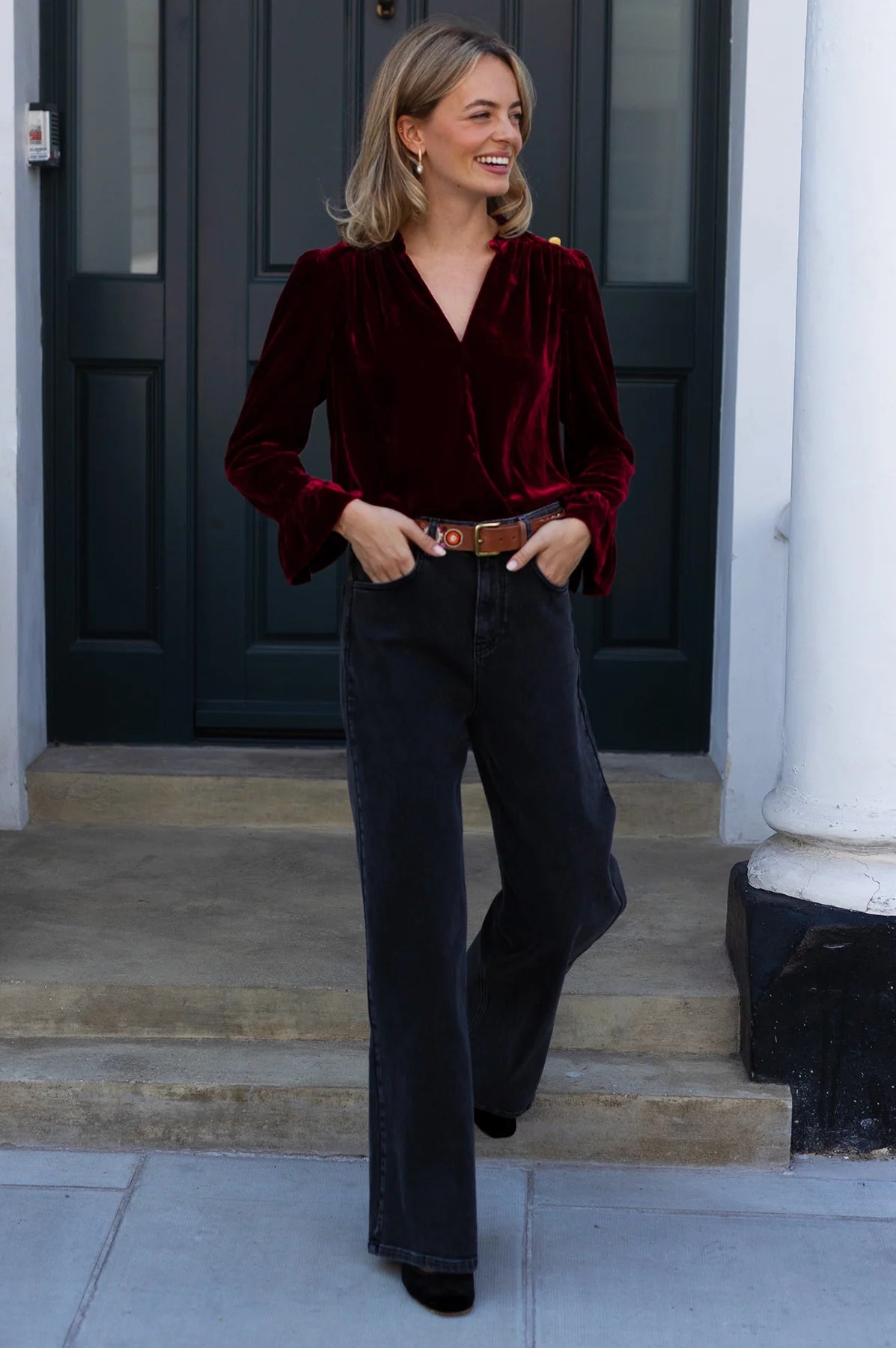 ASTRID VELVET V-NECK TOP - Wine Red