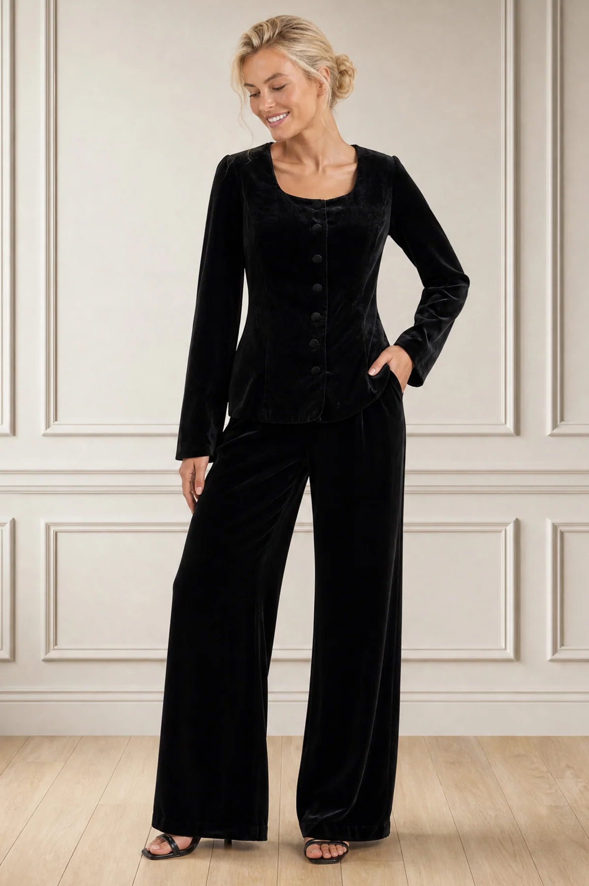 BUTTON THROUGH VELVET TOP - Black
