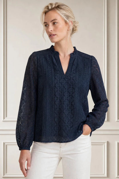 ASPIGA LONG SLEEVE LACE BLOUSE - Navy