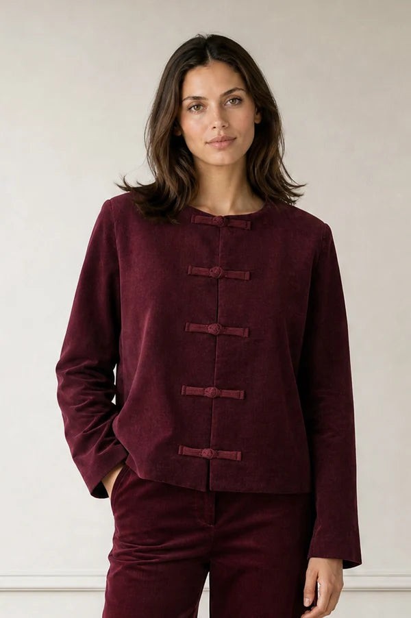 CROPPED FRENCH KNOT JACKET - Burgundy