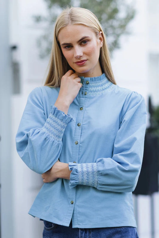ASPIGA EMBROIDERED SMOCKED BABY CORD BLOUSE - Ice Blue