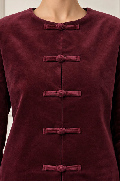 CROPPED FRENCH KNOT JACKET - Burgundy
