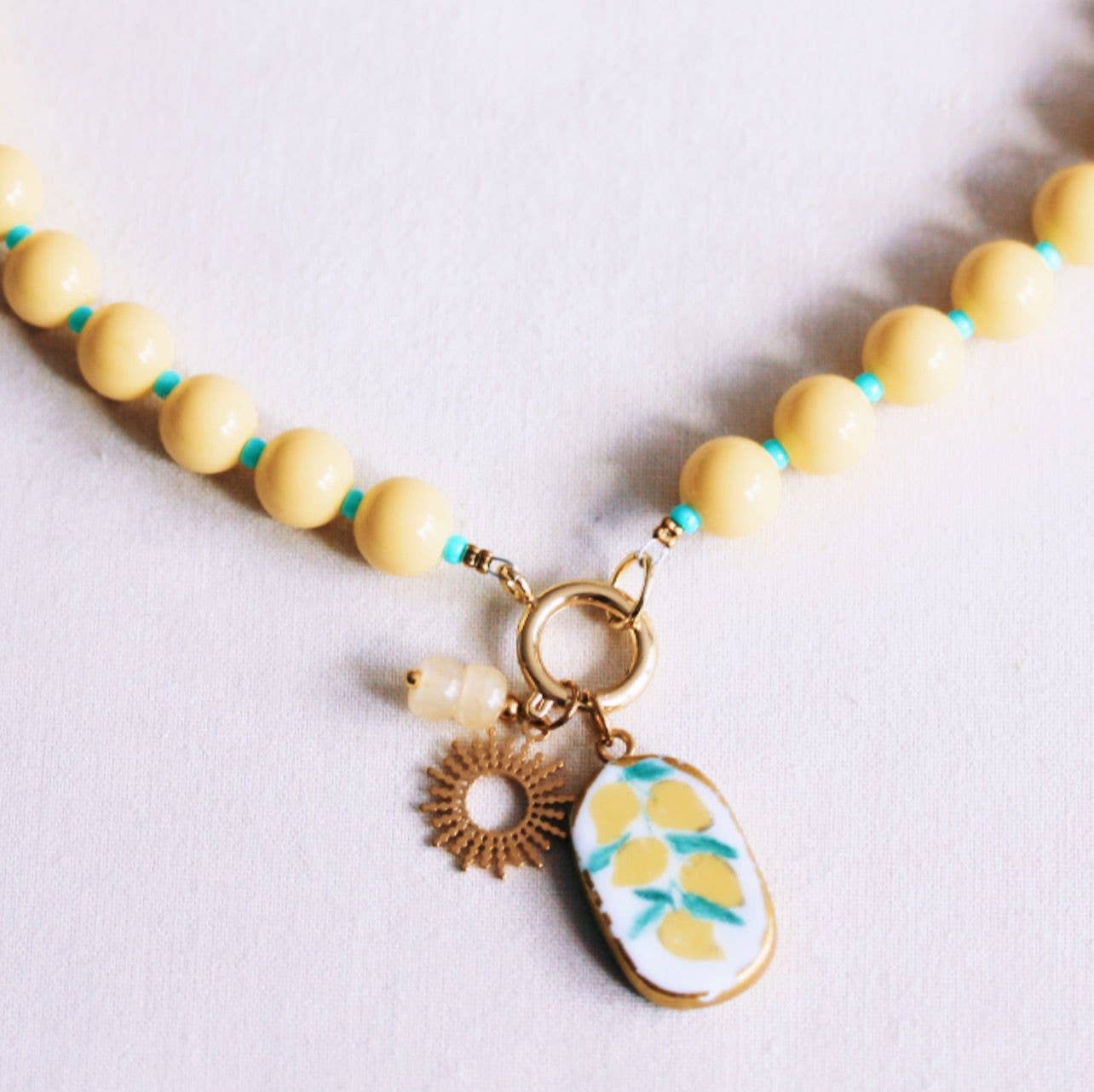 Bazou Yellow & Mint Charm Beaded Necklace