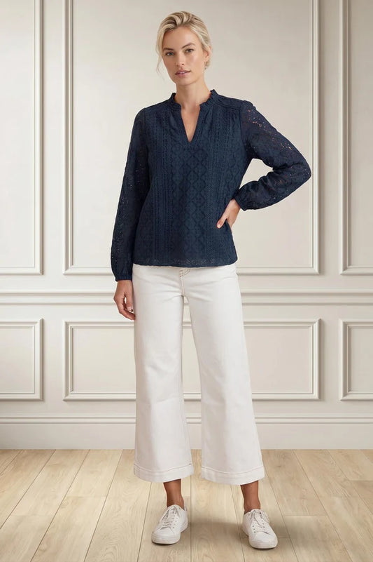 ASPIGA LONG SLEEVE LACE BLOUSE - Navy