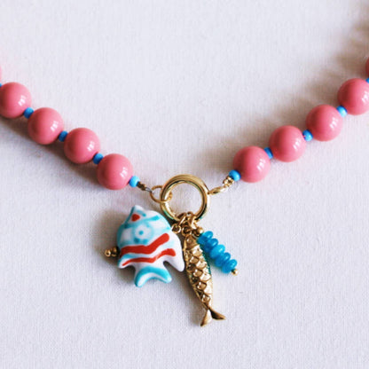 Bazou Coral & Blue Charm Beaded Necklace