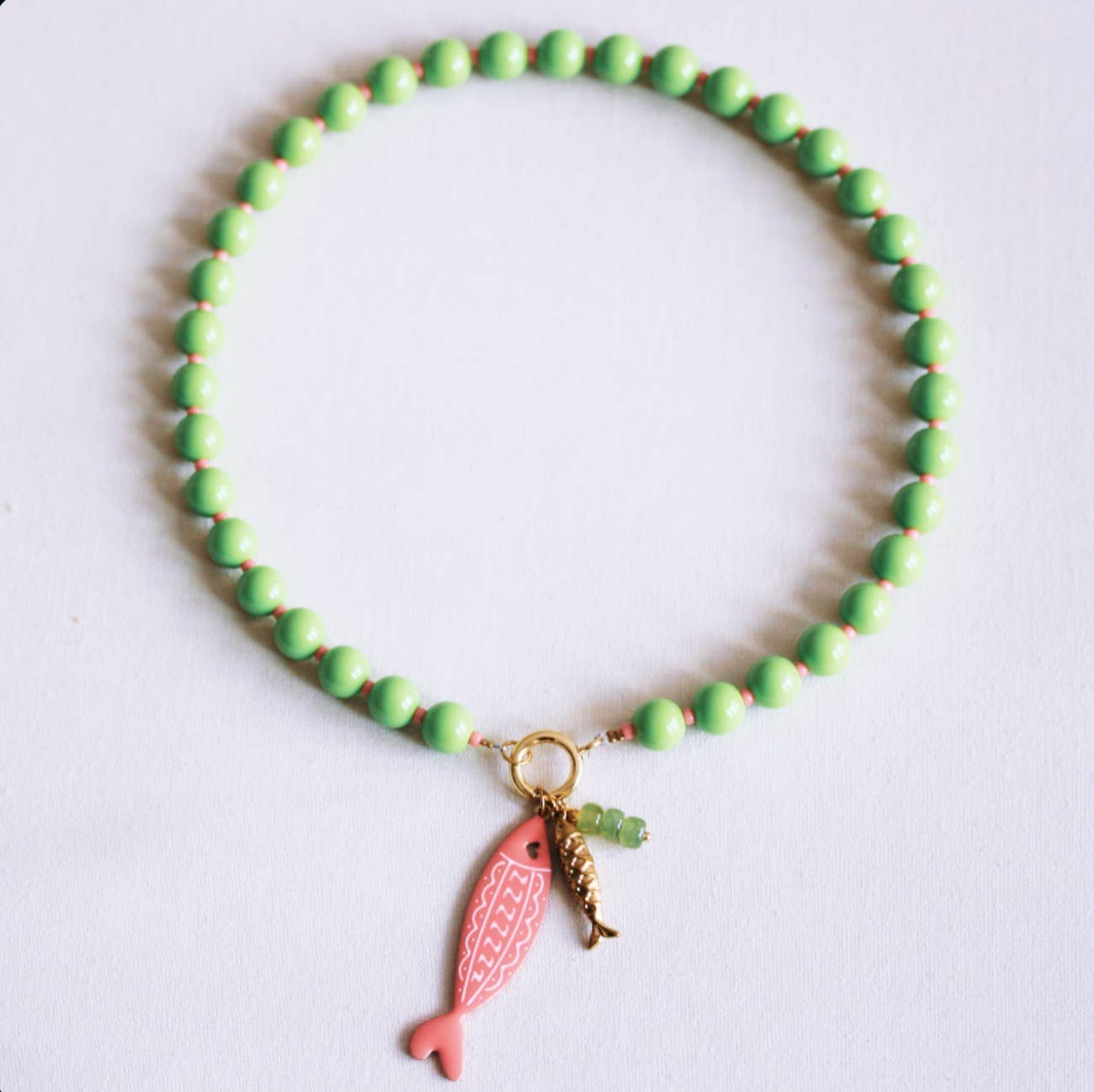 Beaded necklace with Miyuki beads with charms - green/salmon