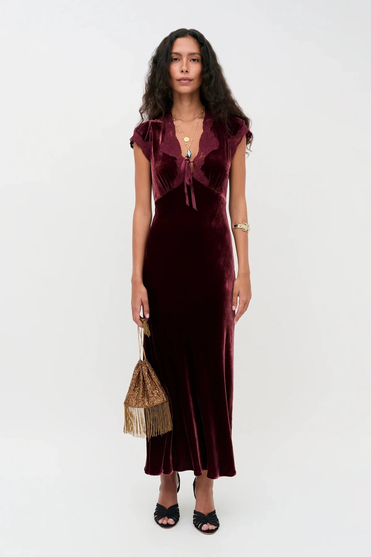 RIXO AMARI SILK VELVET DRESS - Bordeaux