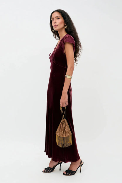 RIXO AMARI SILK VELVET DRESS - Bordeaux