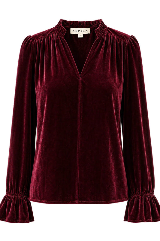 ASTRID VELVET V-NECK TOP - Wine Red