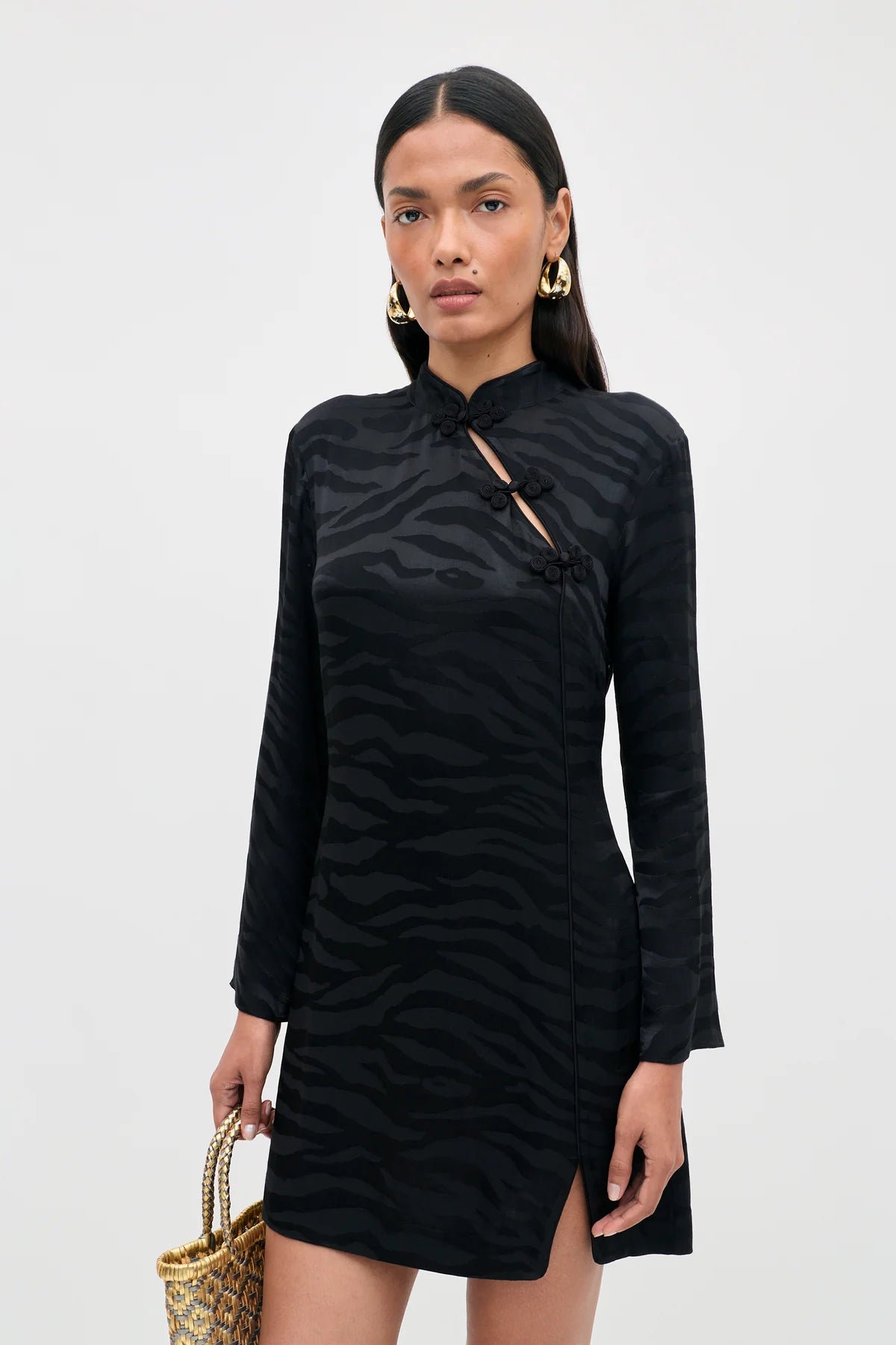 RIXO BROOKLYN JACQUARD MINI DRESS -  Black satin