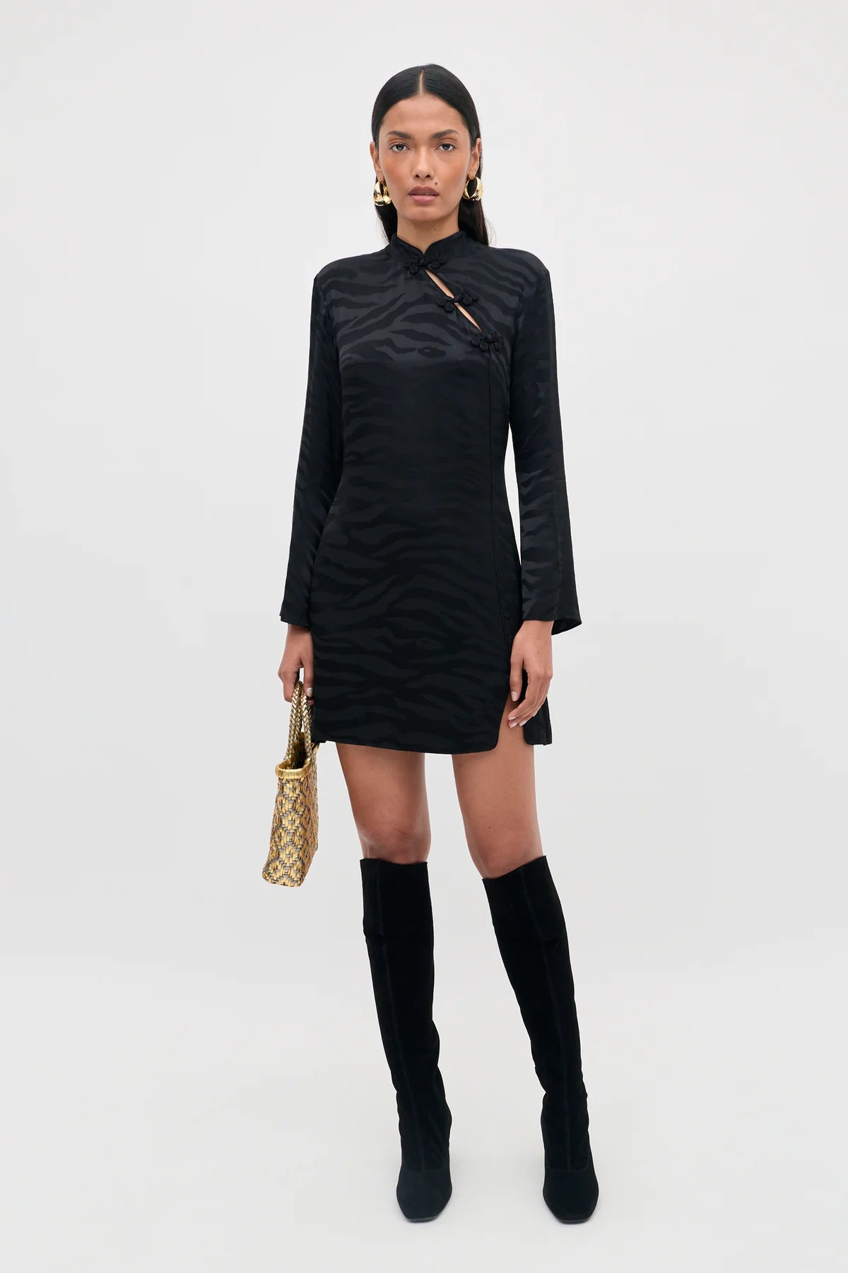 RIXO BROOKLYN JACQUARD MINI DRESS -  Black satin