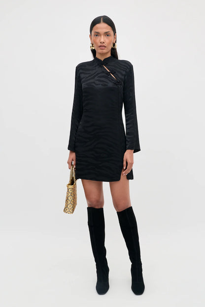 RIXO BROOKLYN JACQUARD MINI DRESS -  Black satin