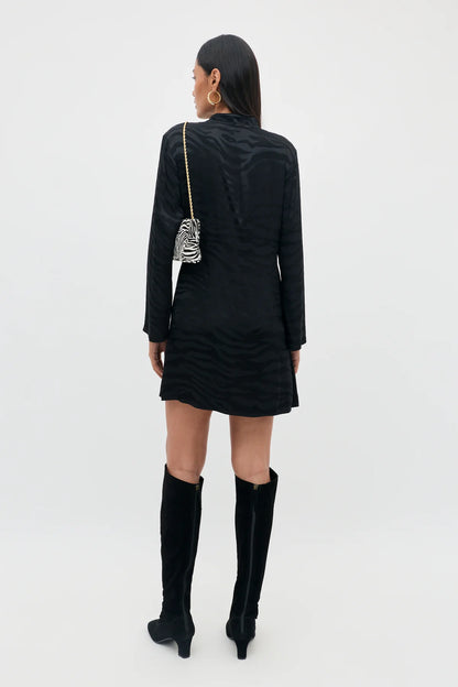 RIXO BROOKLYN JACQUARD MINI DRESS -  Black satin