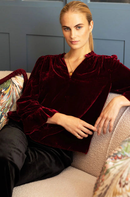 ASTRID VELVET V-NECK TOP - Wine Red