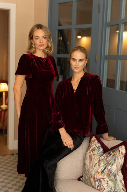 ASTRID VELVET V-NECK TOP - Wine Red