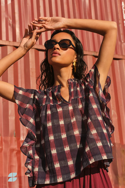 DANEE BLOUSE - Wine Ikat Print