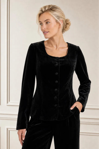 BUTTON THROUGH VELVET TOP - Black