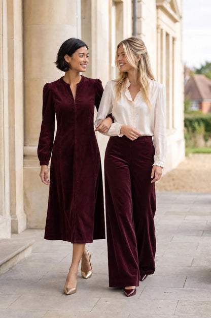 ASPIGA WIDE LEG STRETCH VELVET CORDUROY TROUSERS - Burgundy