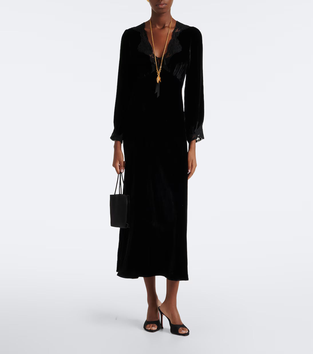 RIXO LARAH LACE-TRIMMED VELVET MIDI DRESS – Black