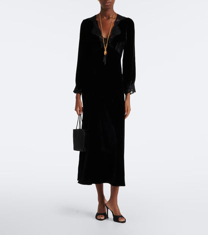 RIXO LARAH LACE-TRIMMED VELVET MIDI DRESS – Black