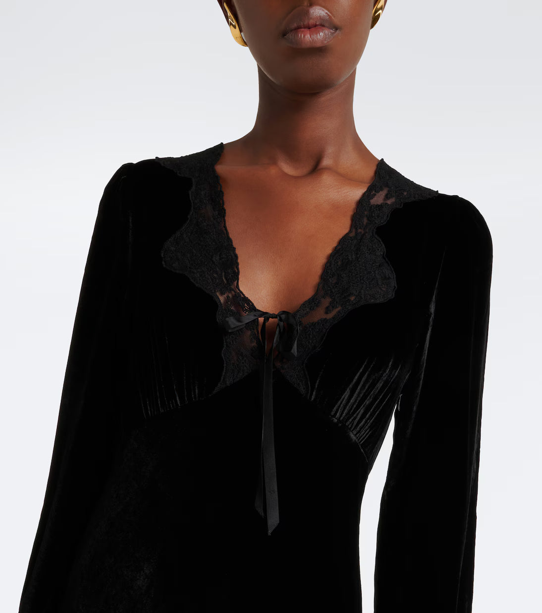 RIXO LARAH LACE-TRIMMED VELVET MIDI DRESS – Black