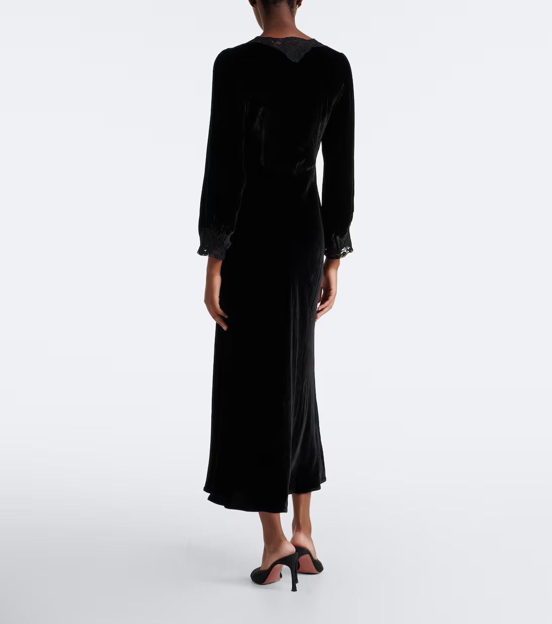 RIXO LARAH LACE-TRIMMED VELVET MIDI DRESS – Black