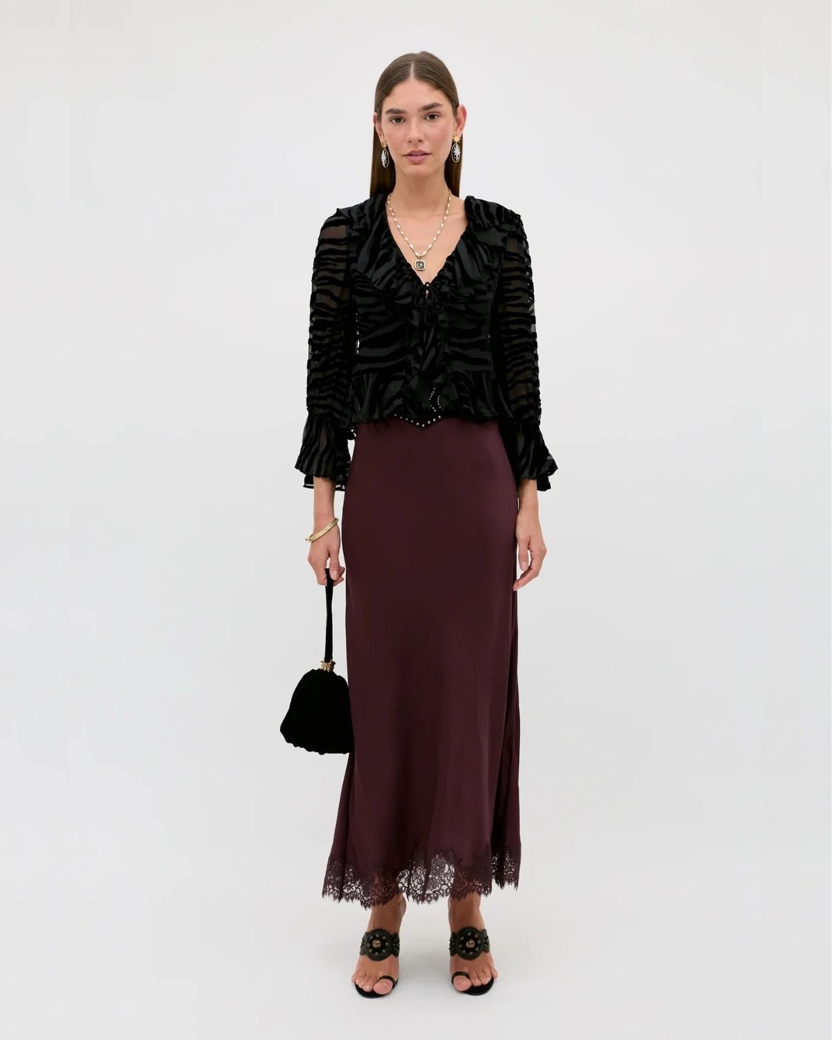 RIXO MATILDE LACE TRIMMED SKIRT - Wine Burgundy