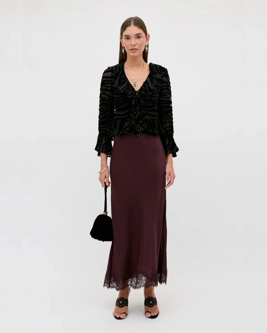 RIXO MATILDE LACED TRIMMED SKIRT - Wine Burgundy