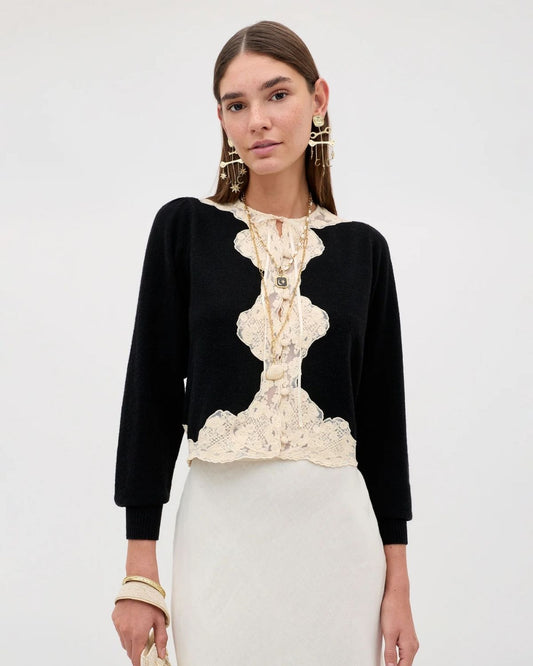 RIXO TASSIA CARDIGAN - Black with Cream Lace