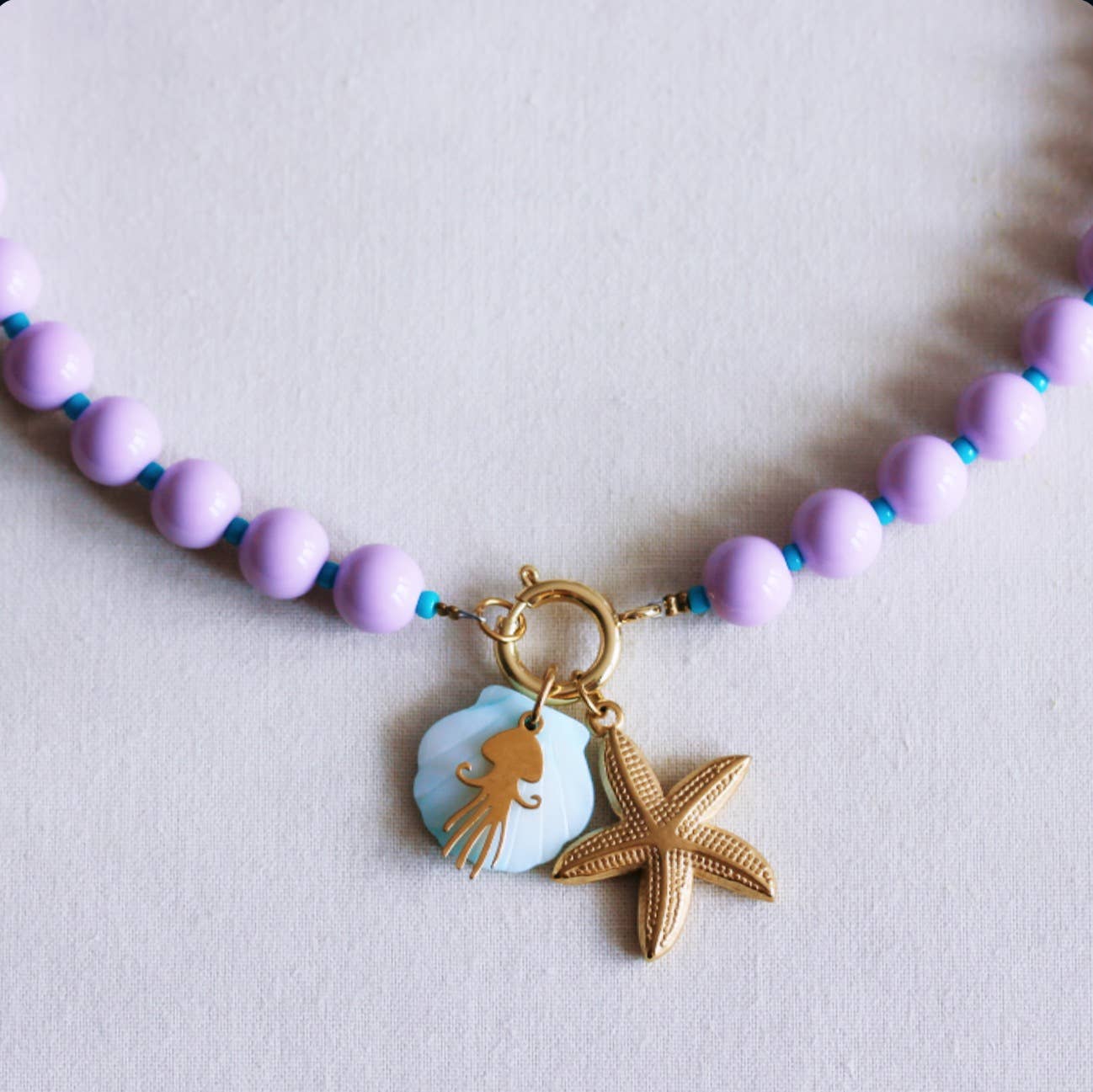 Beaded necklace with Miyuki beads with charms - lilac/aqua