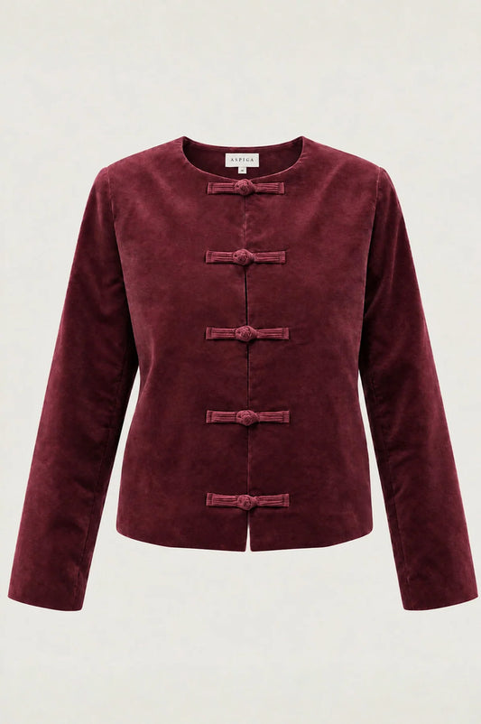 CROPPED FRENCH KNOT JACKET - Burgundy